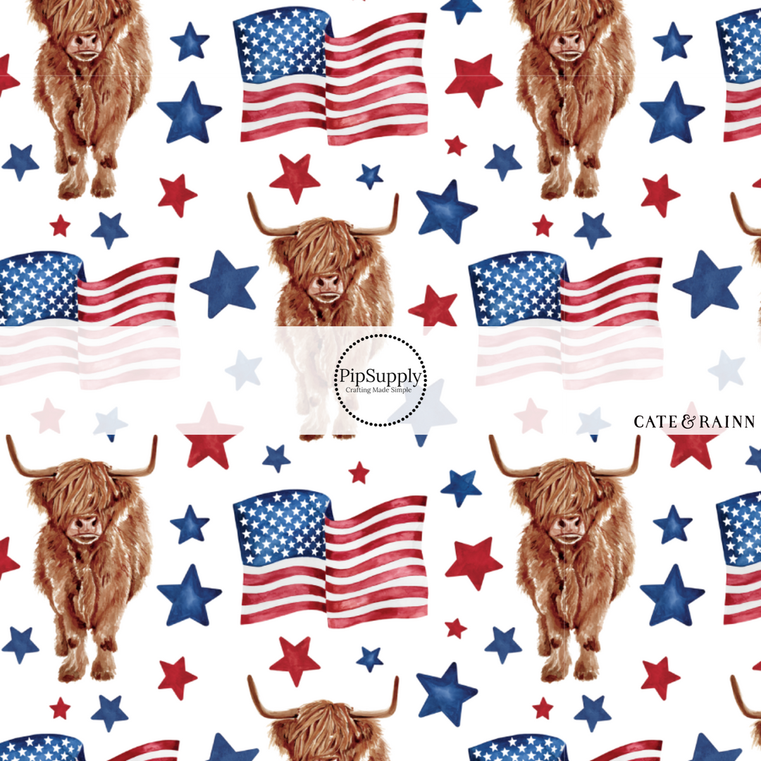 These patriotic themed no sew bow strips can be easily tied and attached to a clip for a finished hair bow. These patterned bow strips are great for personal use or to sell. These bow strips features highland cows surrounded by American flags along with red and blue stars. 