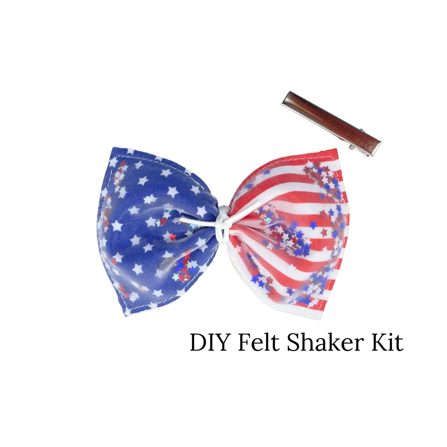 These American Flag shaker bows have three layers which consist of felt, satin and organza fabrics. Bows have a stiffer felt in the back to hold their shape. There is a tiny opening at the bottom of the felts where glitter and clay can be added to create a fun shaker bow.