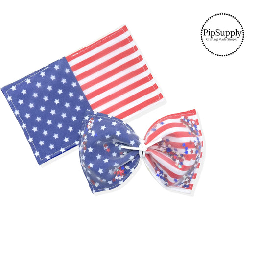 These American Flag shaker bows have three layers which consist of felt, satin and organza fabrics. Bows have a stiffer felt in the back to hold their shape. There is a tiny opening at the bottom of the felts where glitter and clay can be added to create a fun shaker bow.
