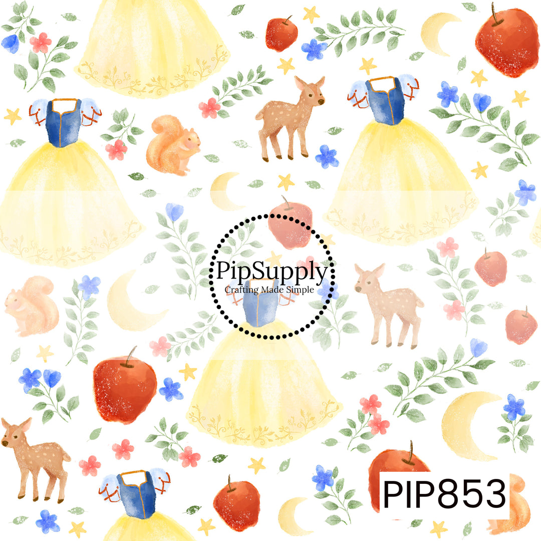 This charming watercolor-inspired design features princess gowns surrounded by woodland animals, including deer and squirrels, along with bright red apples, crescent moons, delicate flowers, and leafy greenery. Soft shades of yellow, blue, blush pink, green, and red create a gentle storybook palette, while the hand-painted style adds warmth and whimsy. The scattered arrangement of forest and fairytale elements gives the pattern a magical, enchanting feel perfect for woodland-inspired creations.
