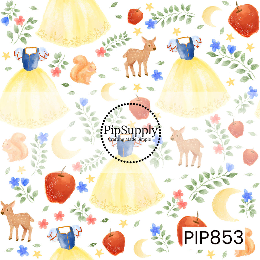This charming watercolor-inspired design features princess gowns surrounded by woodland animals, including deer and squirrels, along with bright red apples, crescent moons, delicate flowers, and leafy greenery. Soft shades of yellow, blue, blush pink, green, and red create a gentle storybook palette, while the hand-painted style adds warmth and whimsy. The scattered arrangement of forest and fairytale elements gives the pattern a magical, enchanting feel perfect for woodland-inspired creations.

