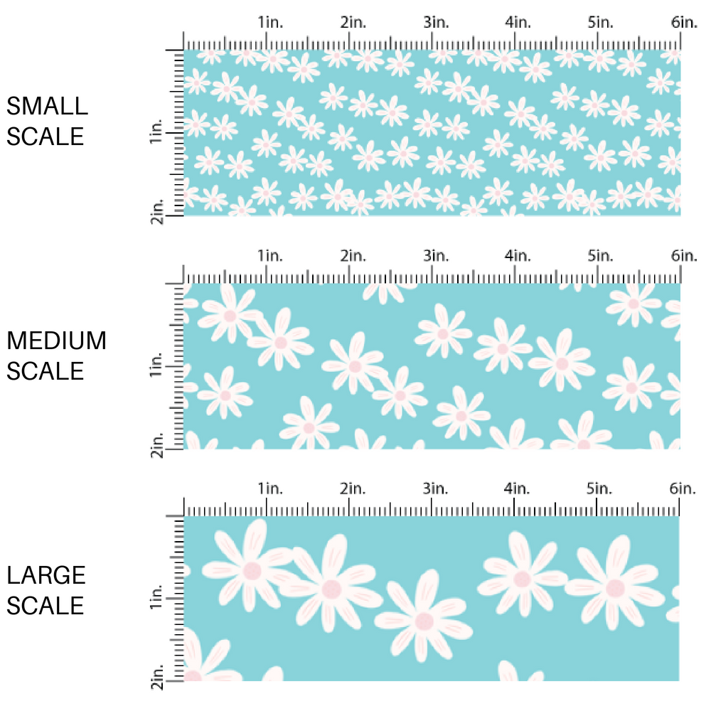 White Daisies on Bright Aqua Blue Fabric by the Yard scaled image guide.