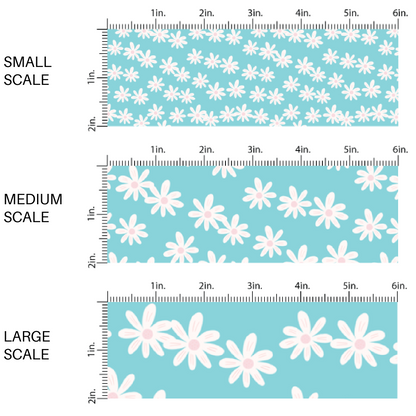 White Daisies on Bright Aqua Blue Fabric by the Yard scaled image guide.