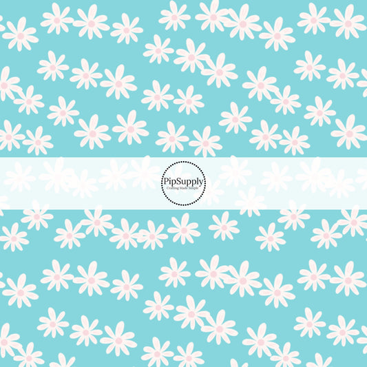 White Daisies on Bright Aqua Blue Fabric by the Yard.