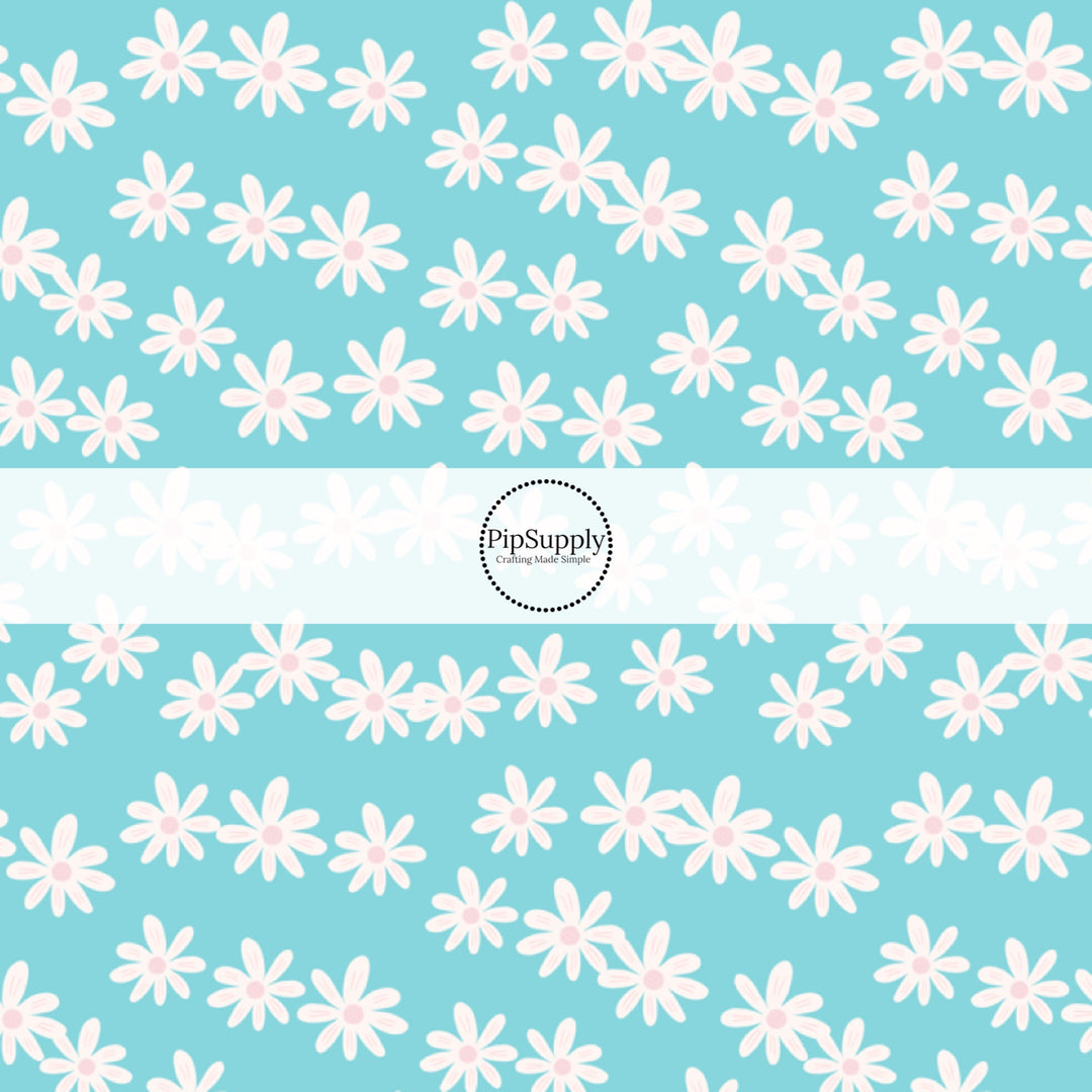 White Daisies on Bright Aqua Blue Fabric by the Yard.