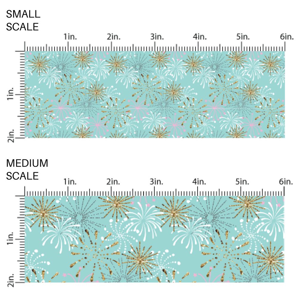 These celebration fabric by the yard features fireworks on aqua. This fun festive fabric can be used for all your sewing and crafting needs!