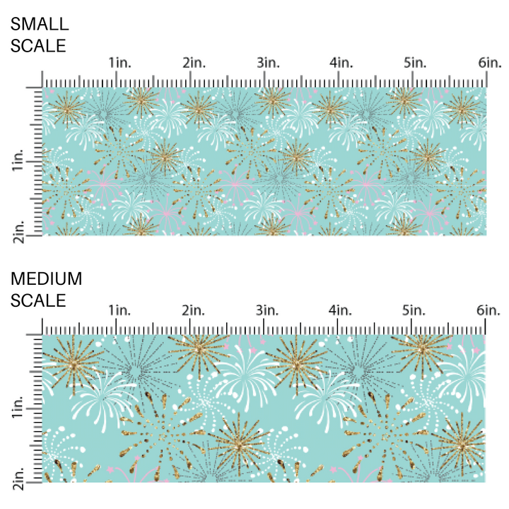 These celebration fabric by the yard features fireworks on aqua. This fun festive fabric can be used for all your sewing and crafting needs!