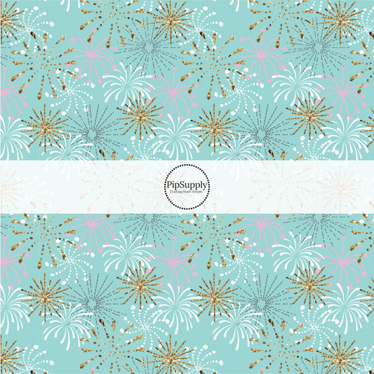 These celebration fabric by the yard features fireworks on aqua. This fun festive fabric can be used for all your sewing and crafting needs!