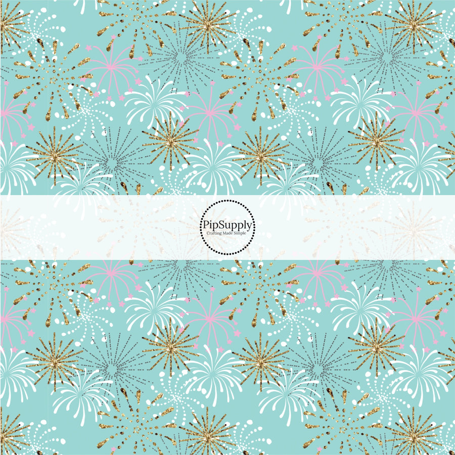 These celebration fabric by the yard features fireworks on aqua. This fun festive fabric can be used for all your sewing and crafting needs!