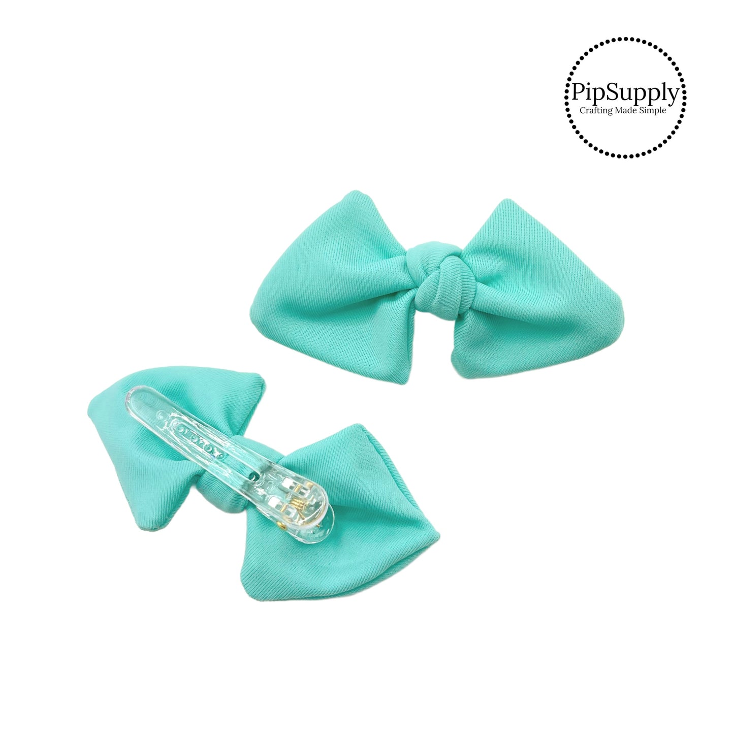 These aqua swim bows have a two layer swimsuit fabric bow with edges that are securely folded and sewn providing a professional and high quality seam. Fabric is thick high quality not coarse or stiff and the pattern is visible on all sides. Bow comes pre-tied on a clear plastic clip.