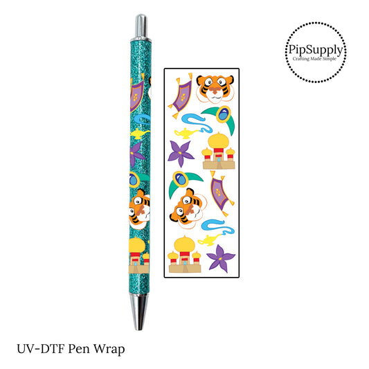 Arabian nights pen wrap with tigers, flying magic carpets, and florals.