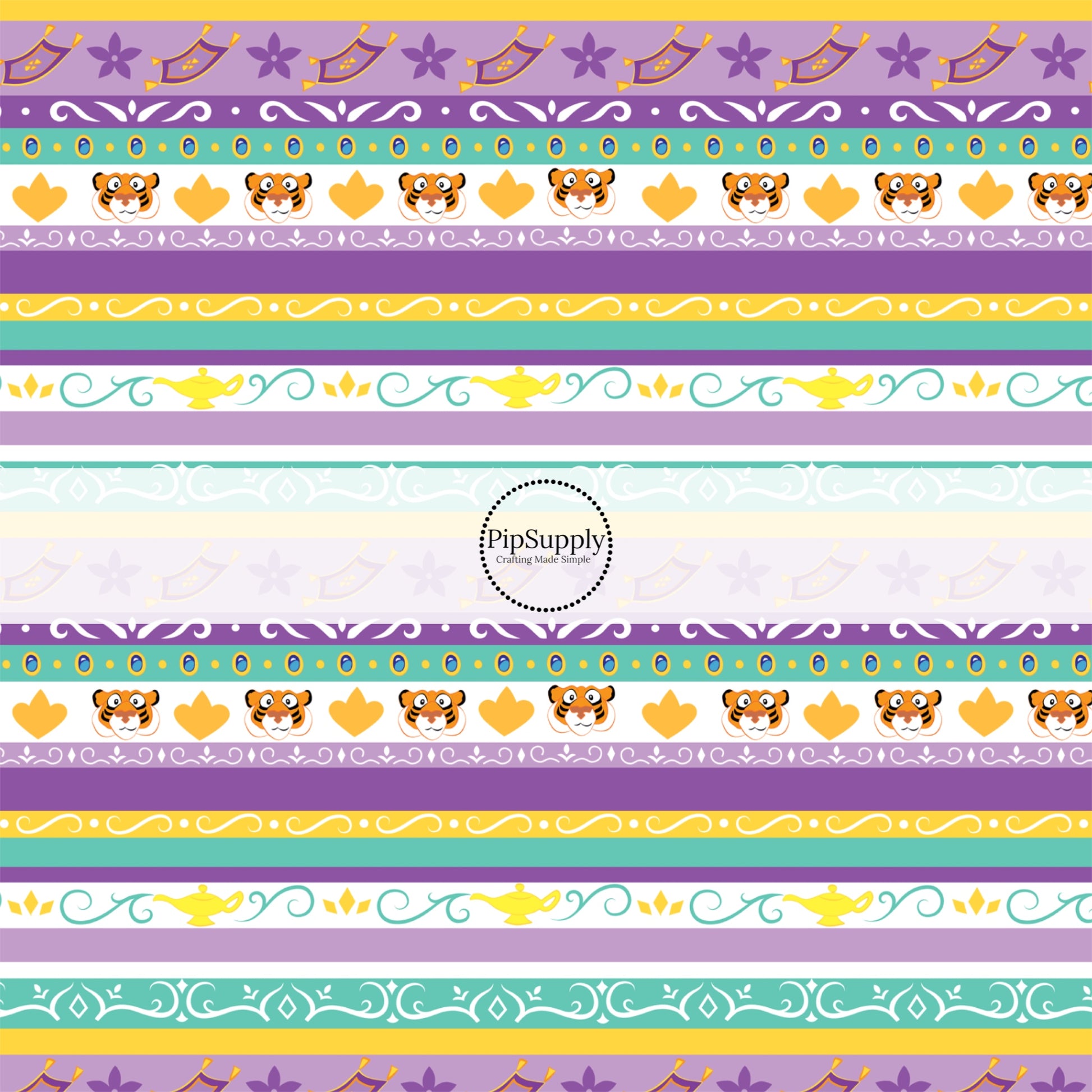 Purple and teal princess stripes fabric by the yard with tigers and flying carpets.