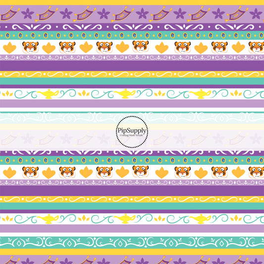 Purple and teal princess stripes fabric by the yard with tigers and flying carpets.