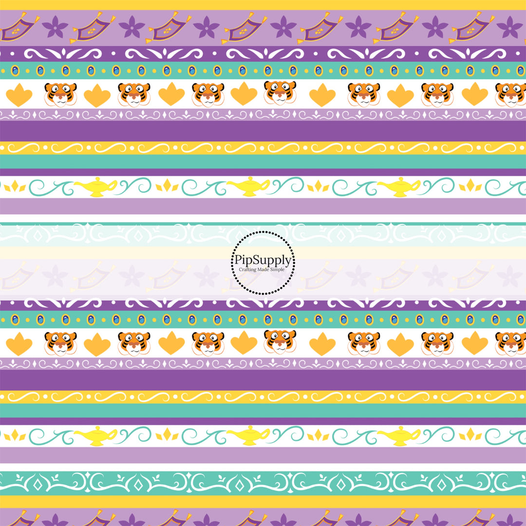 Purple and teal princess stripes fabric by the yard with tigers and flying carpets.