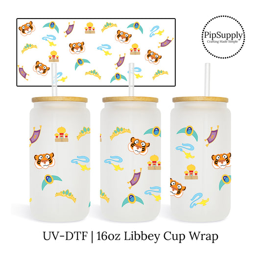 16 oz. Libby Cup wrap with tigers, tiaras, and magic flying carpets.