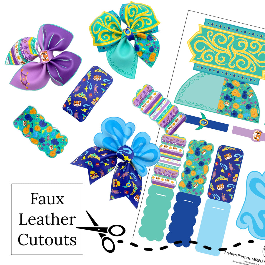aqua and blue genie and princess themed diy faux leather hair bows