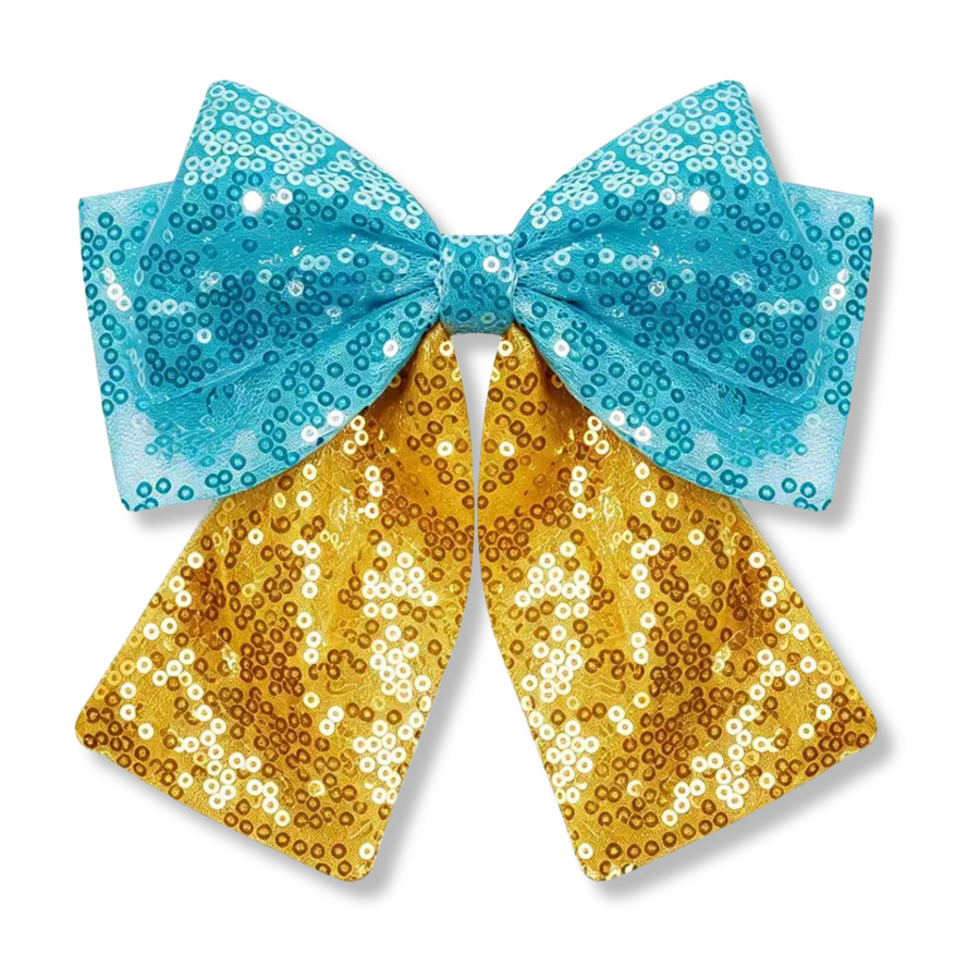 This eye-catching sequin bow features bright turquoise blue loops on top and rich golden yellow tails on the bottom. The entire bow is covered in sparkling sequins arranged in a decorative pattern, creating a bold, shimmering look from every angle. The turquoise top layer adds a vibrant pop of color, while the golden tails provide warm contrast and extra sparkle. 
SIZE: 5"X 6"