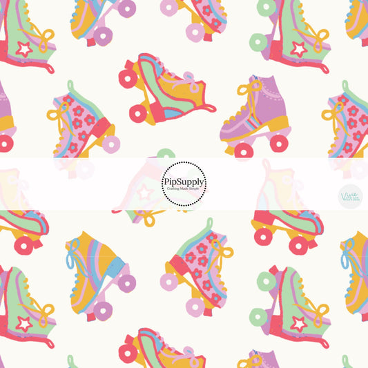 Multi-Colored Roller Skates on Cream Fabric by the Yard.