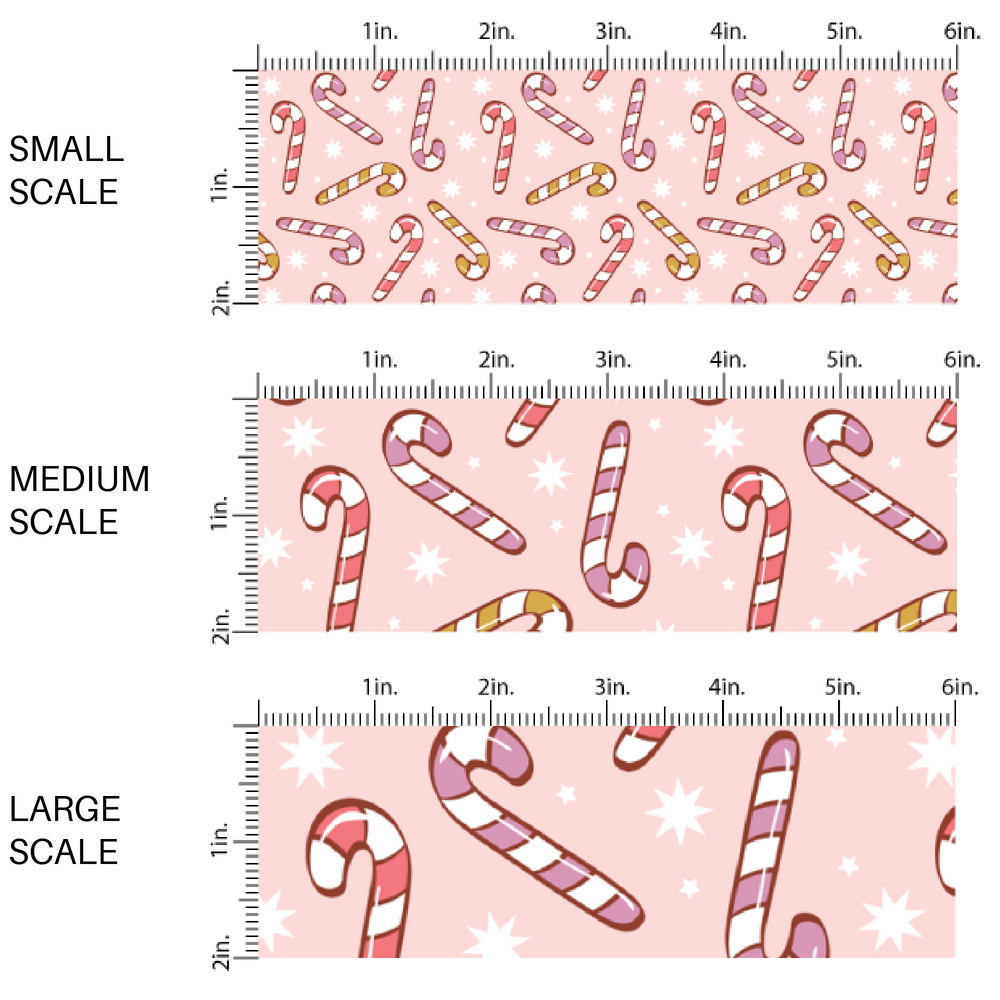 Red, green, and purple striped candy canes on light pink fabric by the yard scaled image guide.