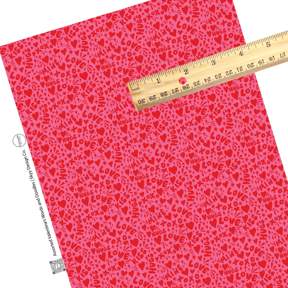 These Valentine's pattern themed faux leather sheets contain the following design elements: red Valentine words and doodles. Our CPSIA compliant faux leather sheets or rolls can be used for all types of crafting projects.