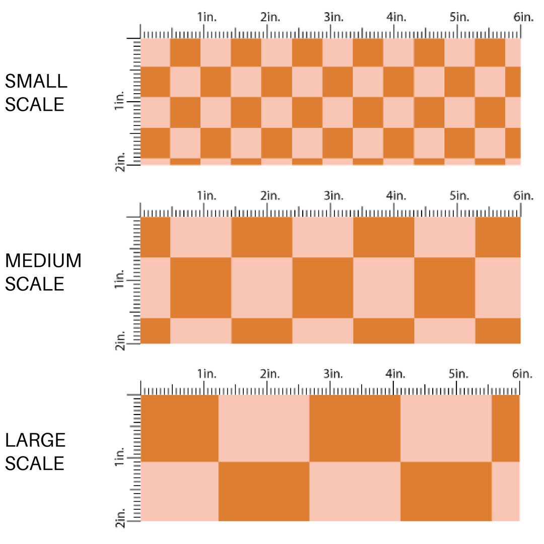 This scale chart of small scale, medium scale, and large scale of these fall themed fabric by the yard features peach and orange checker pattern. This fun fall themed fabric can be used for all your sewing and crafting needs! 