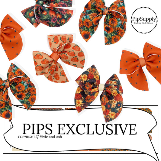 Flowers and pumpkins for fall printed on neoprene fabric to make DIY sailor hair bows