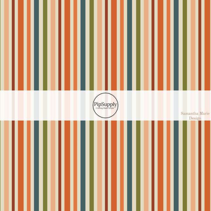 These autumn themed pattern fabric by the yard features the following design elements: fall colorful stripes. This fun themed fabric can be used for all your sewing and crafting needs!