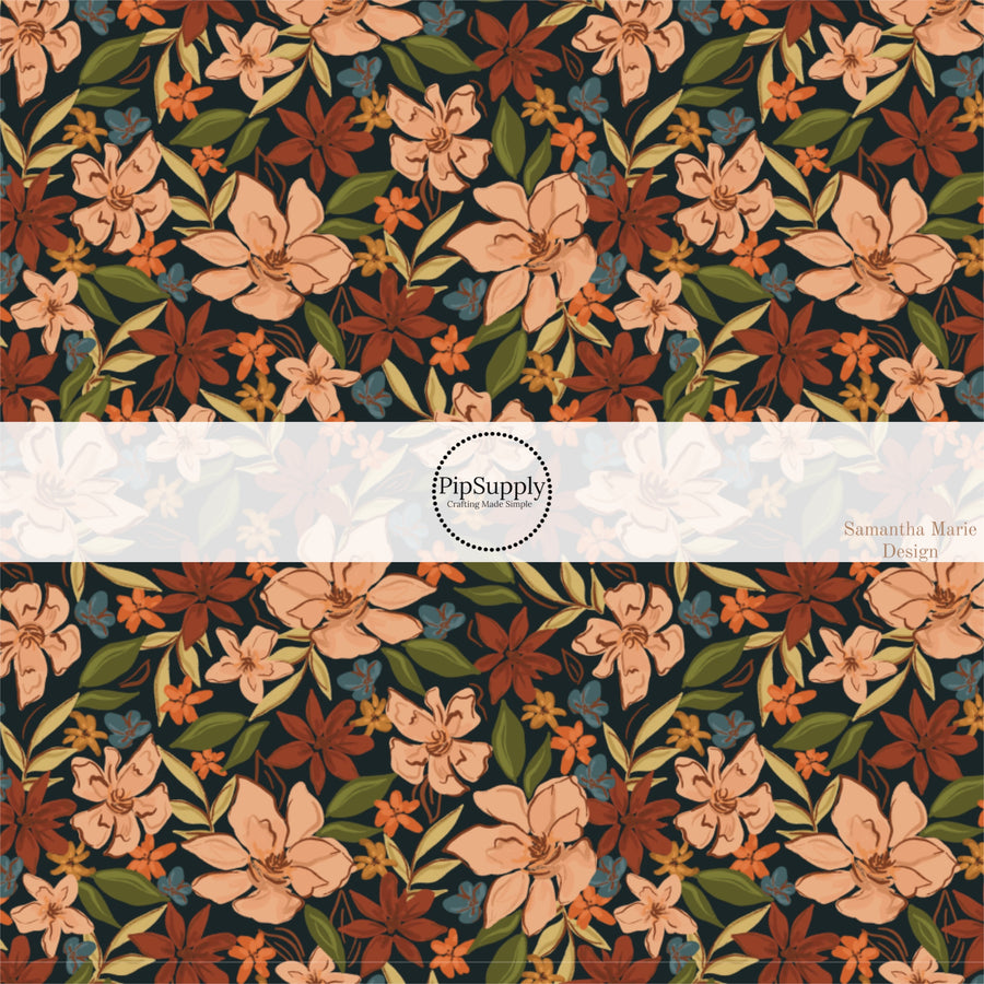 These autumn floral themed pattern fabric by the yard features the following design elements: fall flowers. This fun themed fabric can be used for all your sewing and crafting needs!