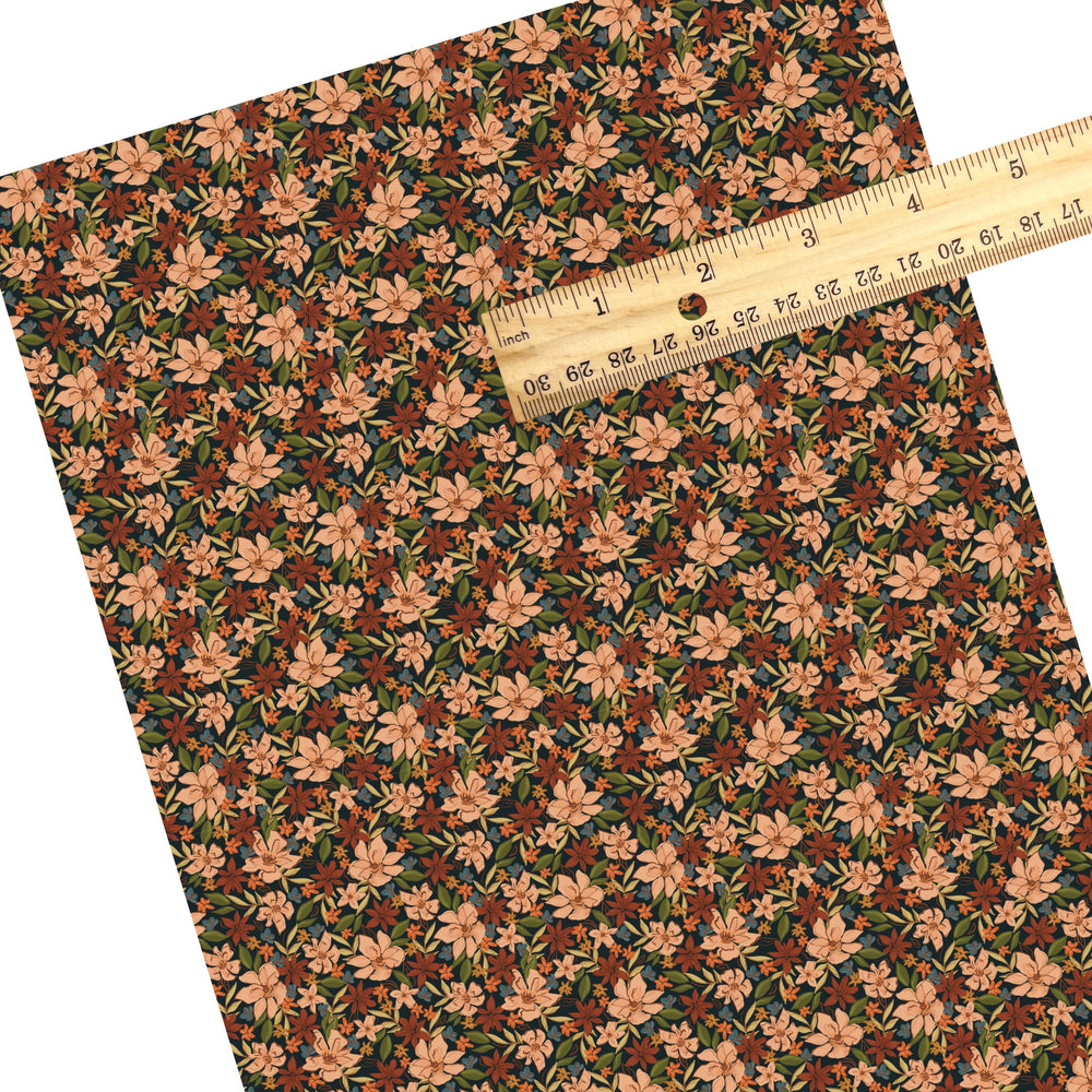 These autumn floral themed pattern faux leather sheets contain the following design elements: fall flowers. Our CPSIA compliant faux leather sheets or rolls can be used for all types of crafting projects.