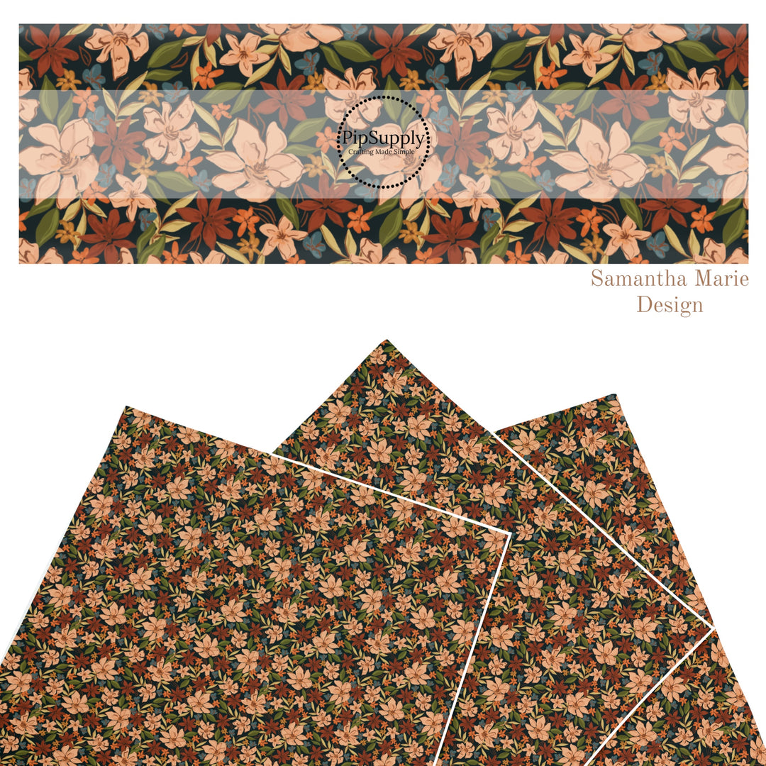 These autumn floral themed pattern faux leather sheets contain the following design elements: fall flowers. Our CPSIA compliant faux leather sheets or rolls can be used for all types of crafting projects.