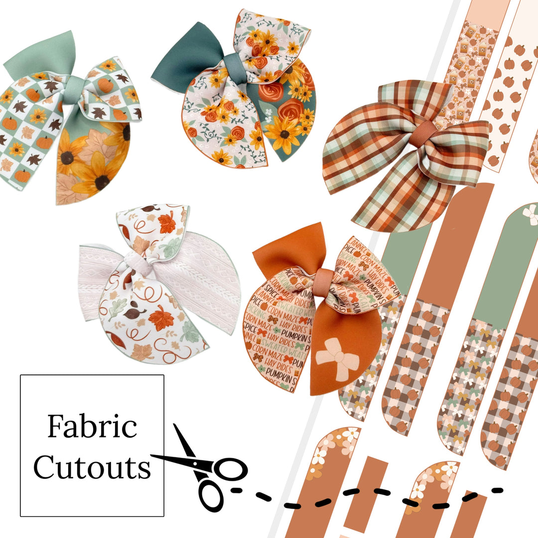 brown and green autumn leaves, plaid and checker sailor neoprene hair bows