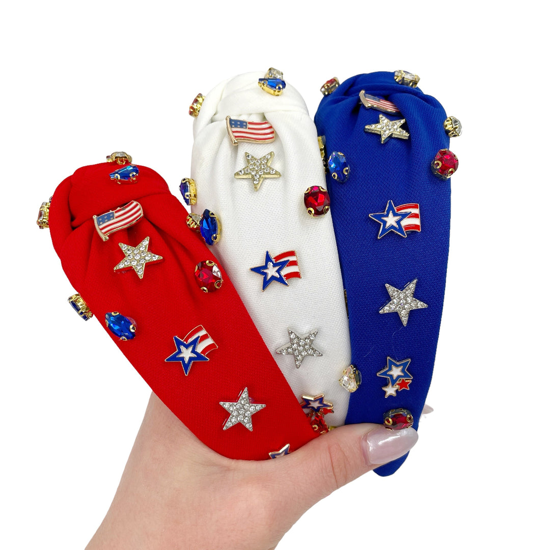 These patriotic rhinestone embellished headbands are a stylish hair accessory having the look of a knotted headwrap and the on and off ease of a headband. Made with thick high quality fabric these headbands are a perfect simple and fashionable answer to keeping your hair back!