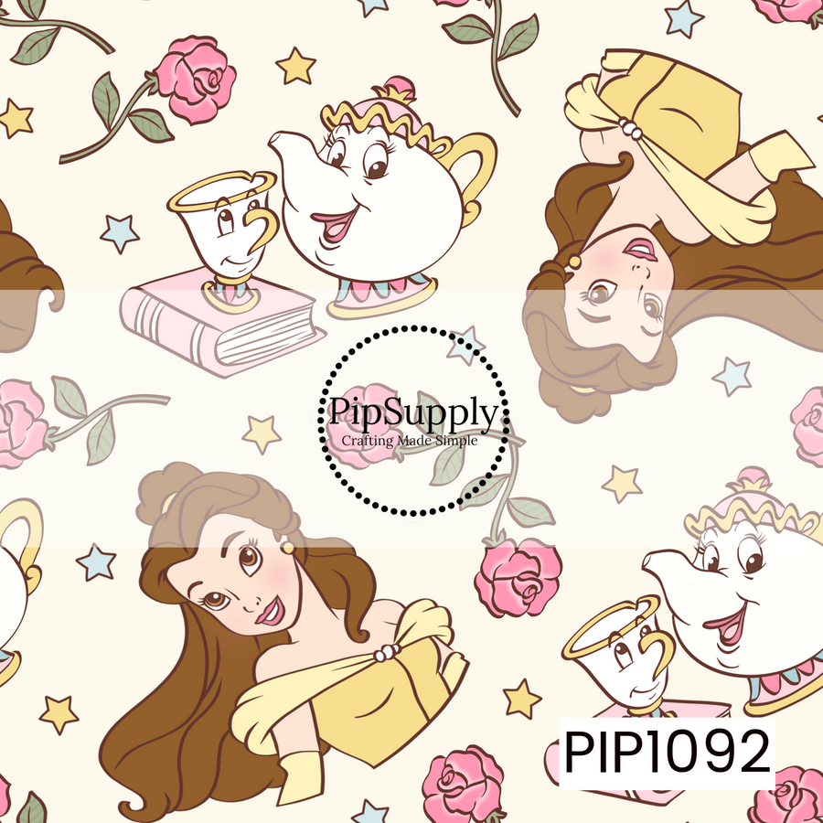 A whimsical seamless pattern featuring a beloved book-loving princess alongside her enchanted teacup and teapot friends, scattered with delicate pink roses, twinkling pastel stars, and soft greenery on a warm cream background. The elegant pastel color palette and charming fairy tale elements create a sweet, storybook-inspired design full of timeless magic.
