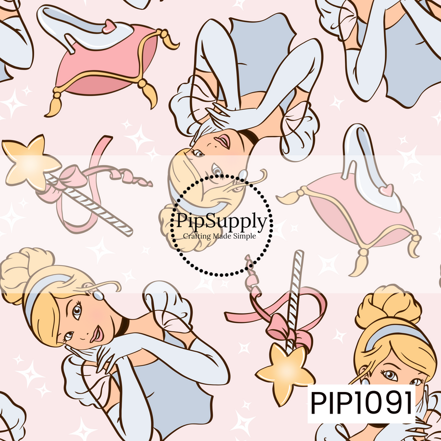 A charming seamless pattern featuring a classic princess in a soft blue gown surrounded by glass slippers, sparkling magic wands, and elegant pink cushions on a blush pink background. Twinkling white stars are scattered throughout, creating a dreamy fairy tale design with delicate pastel colors and a magical, storybook-inspired feel.
