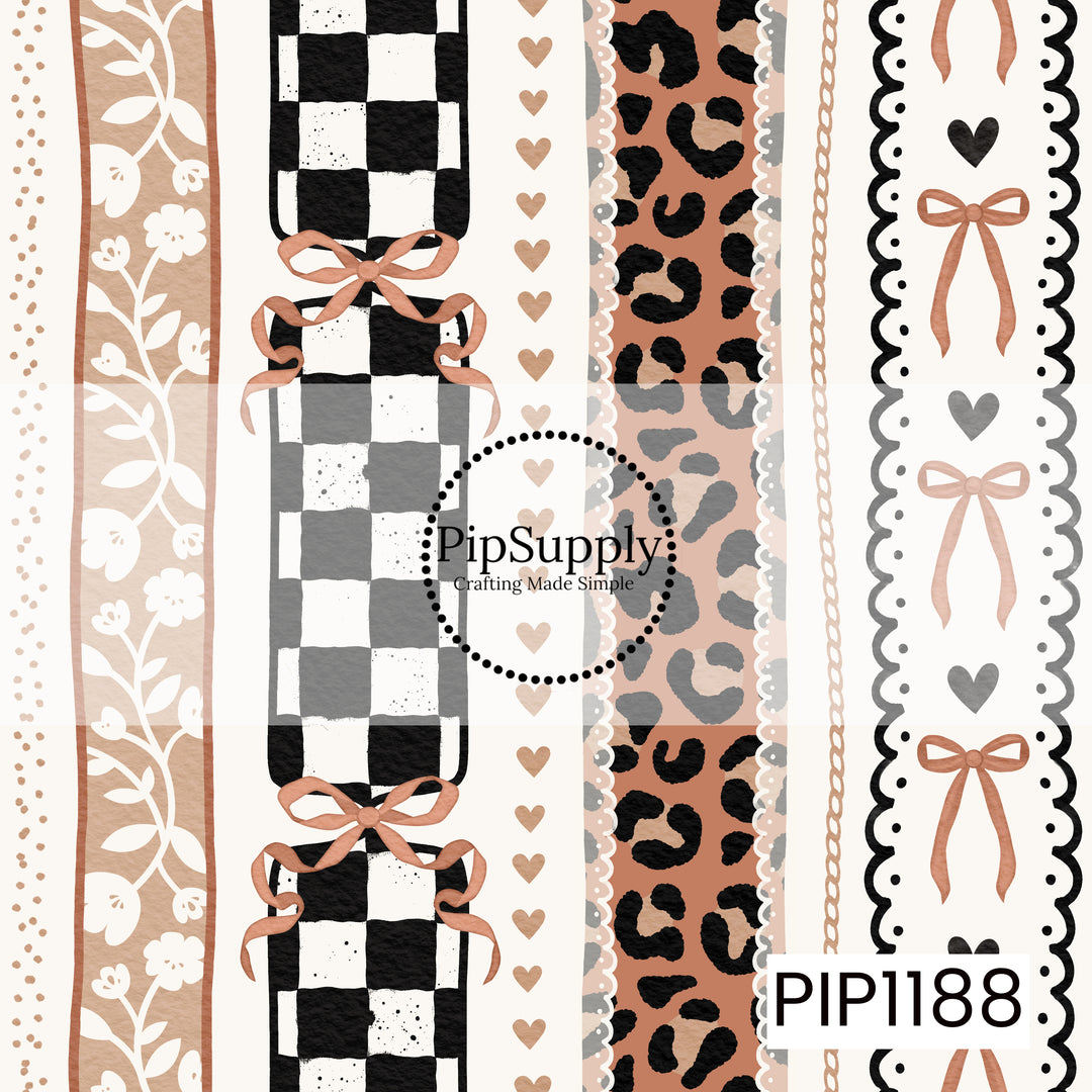 A playful vintage-inspired stripe featuring oversized ribbon bows, bold black and cream checkerboard, warm leopard print, delicate floral vines, tiny hearts, scalloped lace details, and dotted accents. A neutral palette of cream, black, caramel, and soft blush gives the design a sweet mix of feminine and trendy details.
