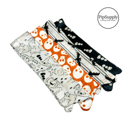 Each Halloween themed pack includes four untied, flat VELVET Ruth bows printed with the patterns shown in the picture. They will come untied and will need to be tied into a finished bow and attached to a clip or headband.