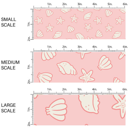 This scale chart of small scale, medium scale, and large scale of this beach fabric by the yard features seashells on light pink. This fun themed fabric can be used for all your sewing and crafting needs!