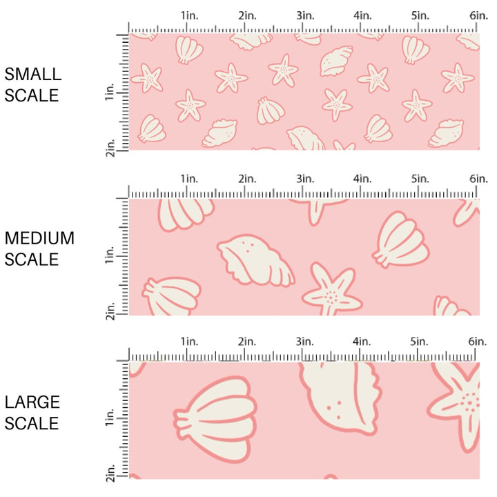 This scale chart of small scale, medium scale, and large scale of this beach fabric by the yard features seashells on light pink. This fun themed fabric can be used for all your sewing and crafting needs!