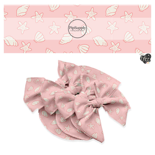 These beach themed no sew bow strips can be easily tied and attached to a clip for a finished hair bow. These patterned bow strips are great for personal use or to sell. These bow strips feature seashells on light pink.