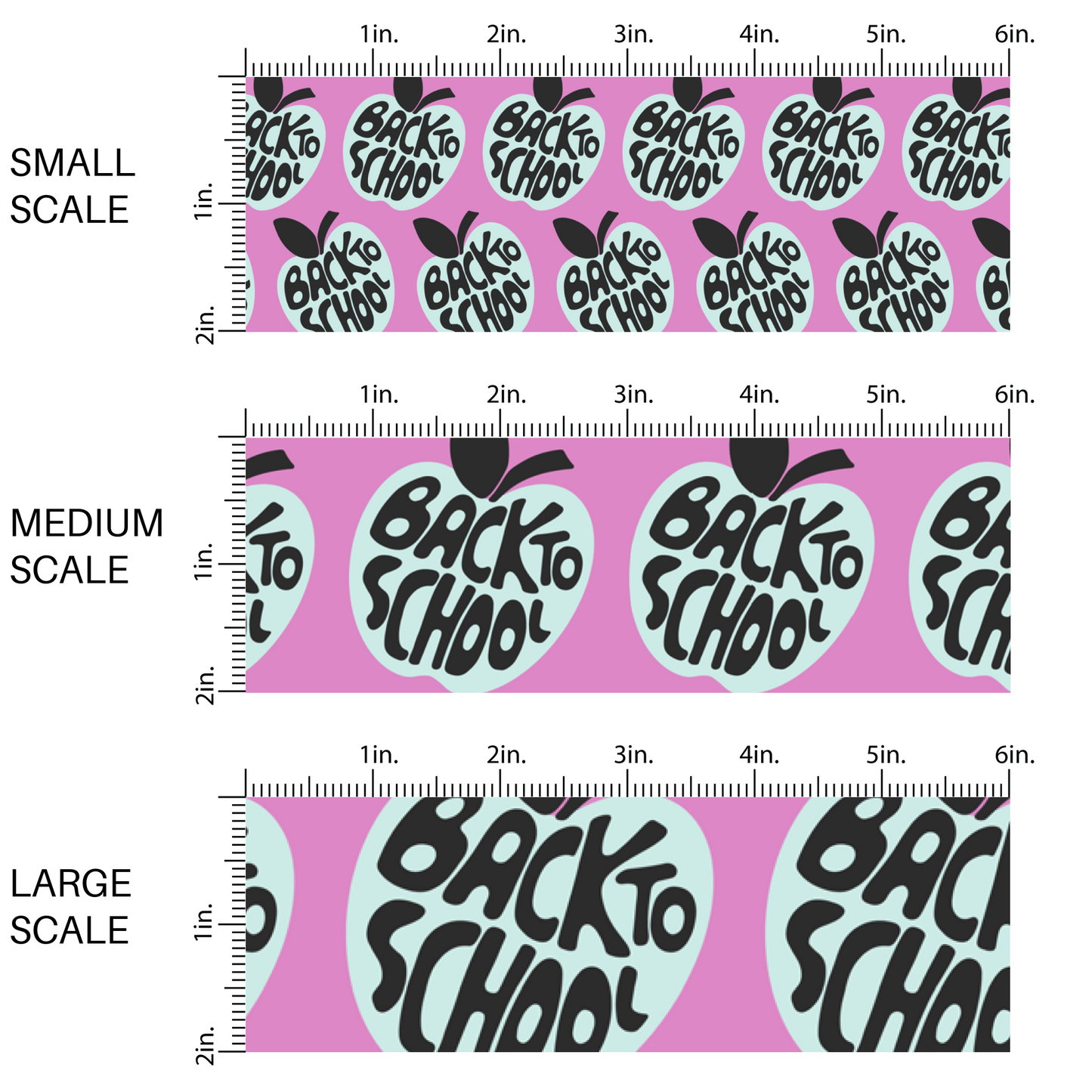 Pink fabric by the yard scaled image guide with aqua apples the say "Back to school".