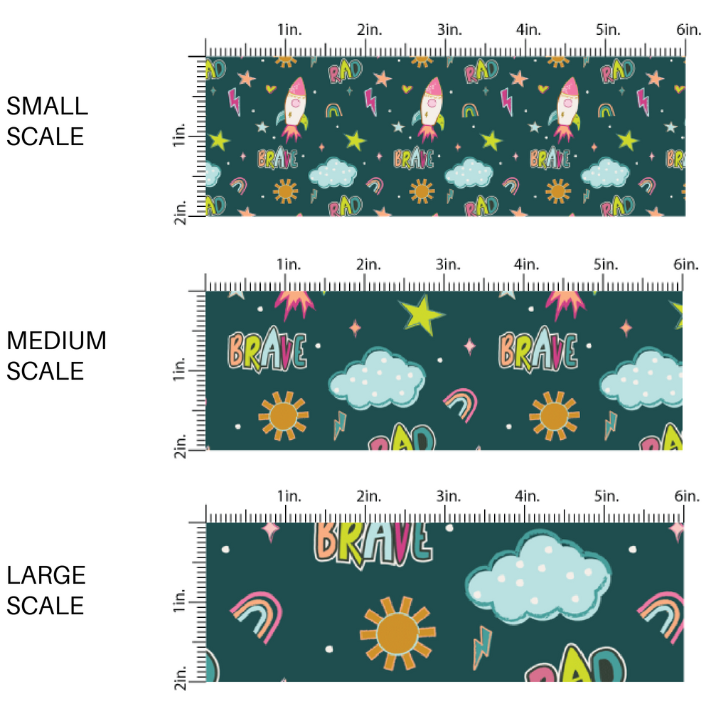 Teal fabric by the yard scaled image guide with stars, space ships, rainbows, and other sky an outer space designs.