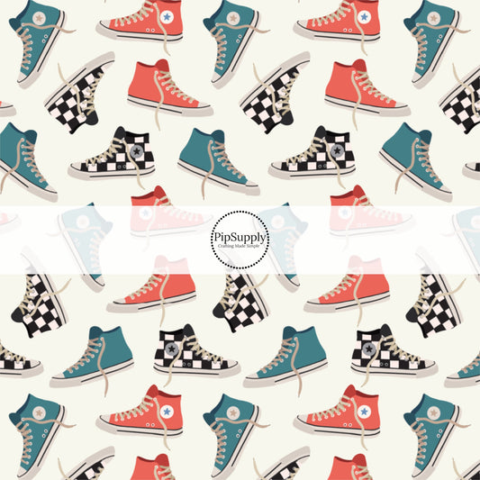 Cream fabric by the yard with red, blue and black and white checkered high top sneakers,