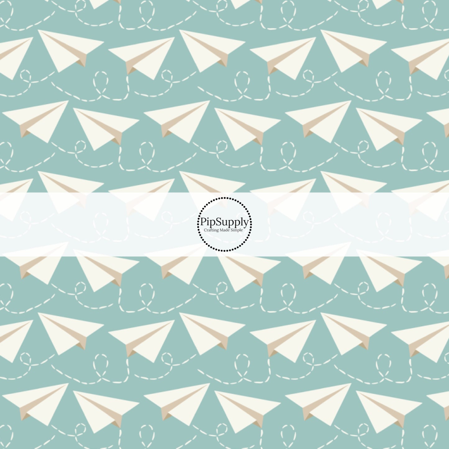 Light aqua fabric by the yard with white paper airplanes.