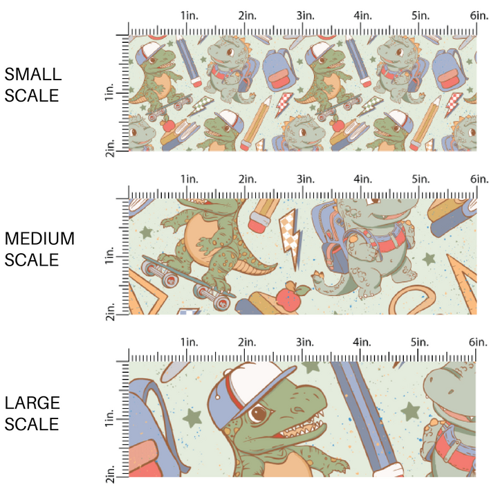 Sage green fabric by the yard scaled image guide with dinosaurs, school supplies, and skateboards.