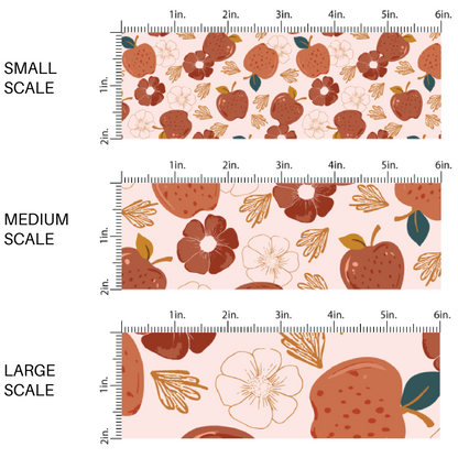 Light pink fabric by the yard scaled image guide with red apples and florals.