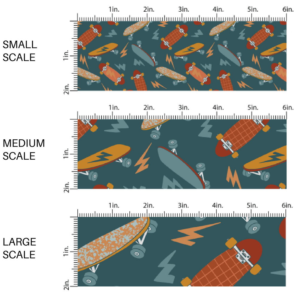 Blue fabric by the yard scaled image guide with orange and blue lightning bolts and skateboards.