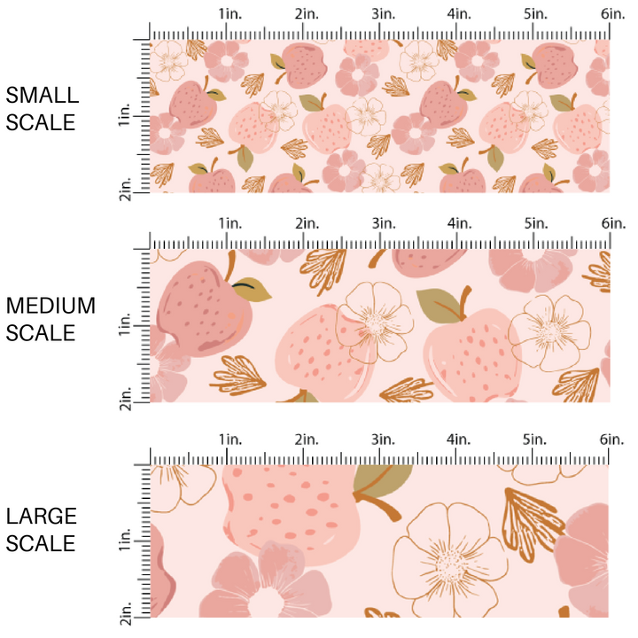 Light pink fabric by the yard scaled image guide with pink apples and pink floral designs.