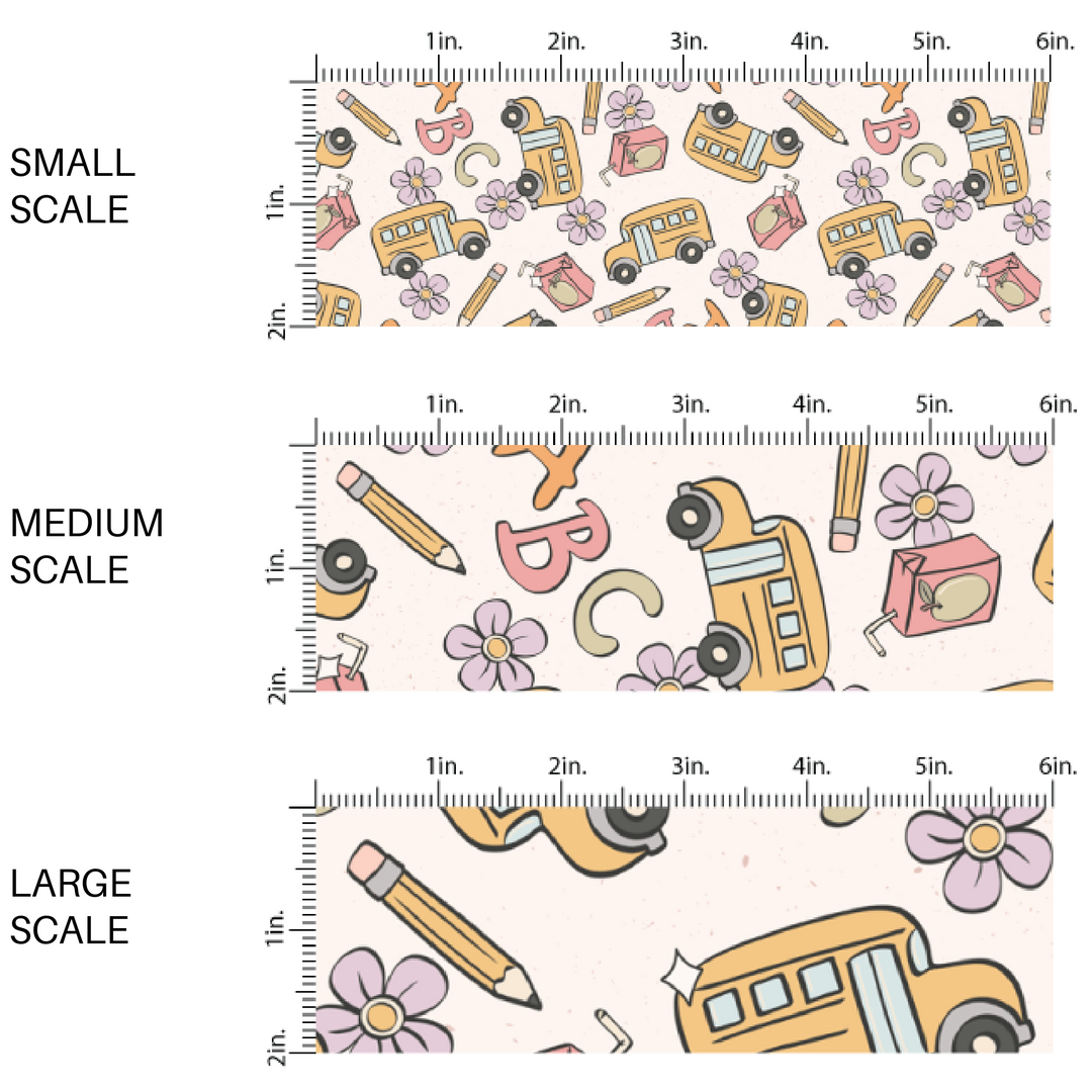 Cream fabric by the yard scaled image guide with vintage school buses, flowers, pencils, and juice boxes.