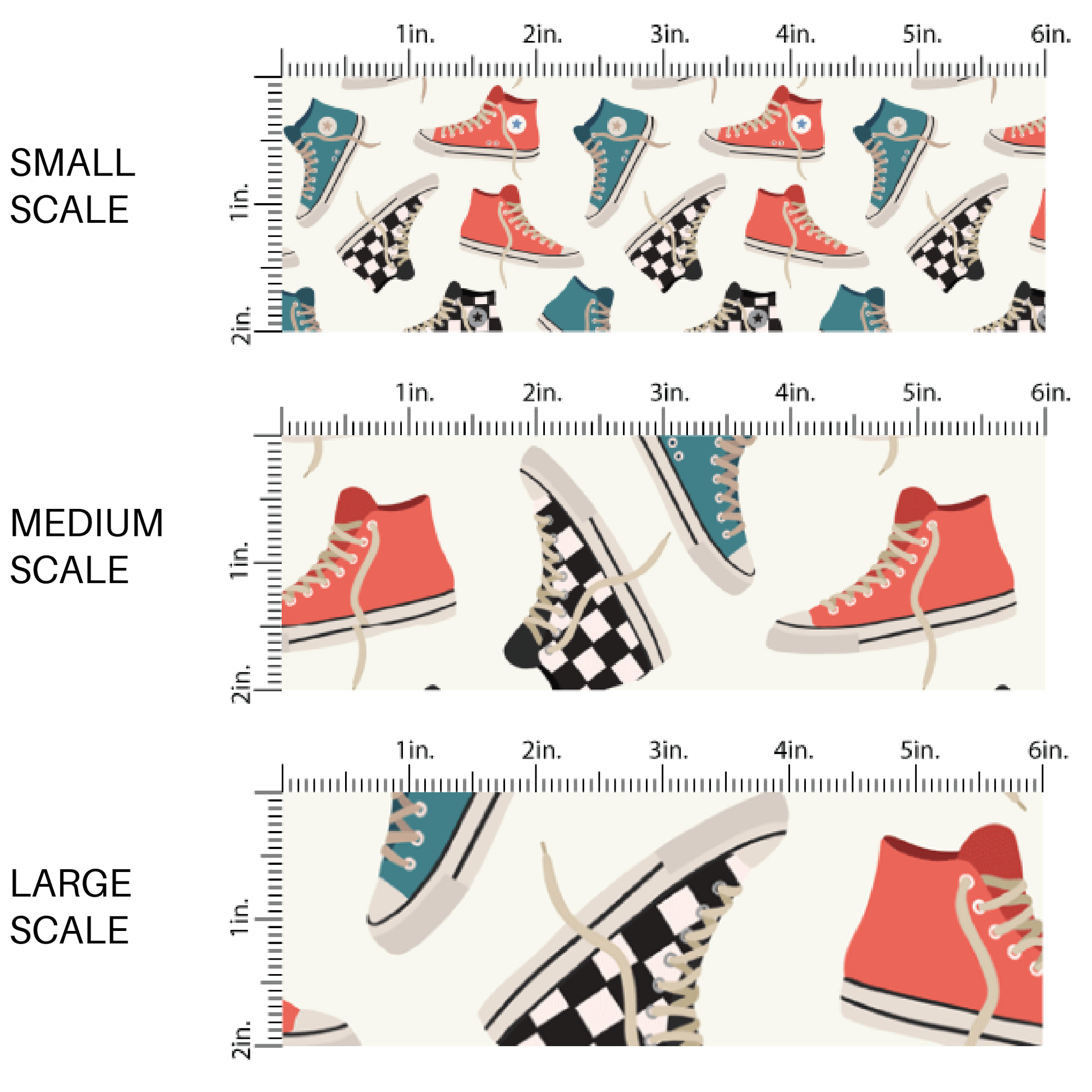 Cream fabric by the yard scaled image guide with red, blue and black and white checkered high top sneakers,