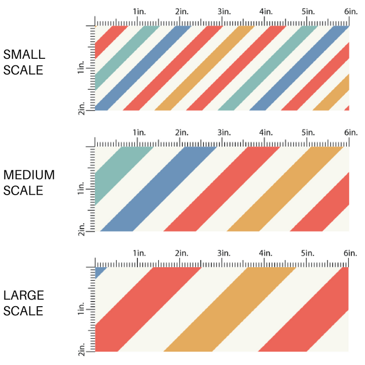 Red, yellow, blue, and aqua diagonal stripes on white fabric by the yard scaled image guide.